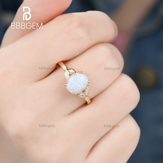 14K/18K Gold Vintage Oval White Opal Moissanite Rose Gold Engagement Ring 10x8mm 3.5 Carat