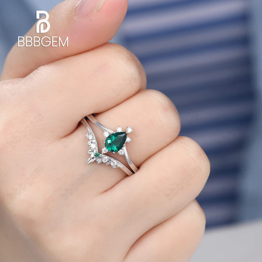 14K/18K Rose Gold Green Emerald Art Deco Bridal Set Moissanite Diamond And Emerald