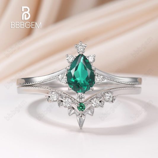 14K/18K Rose Gold Green Emerald Art Deco Bridal Set Moissanite Diamond And Emerald