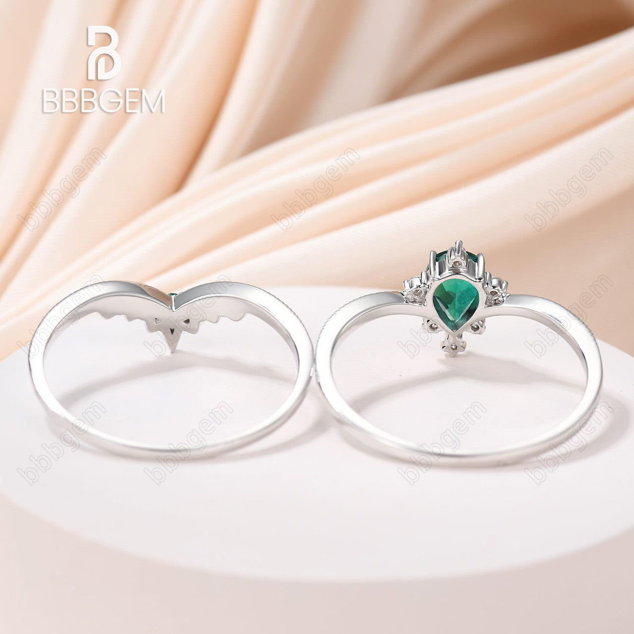 14K/18K Rose Gold Green Emerald Art Deco Bridal Set Moissanite Diamond And Emerald