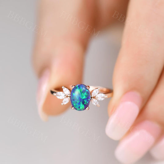14K/18K Vintage Black Opal Engagement Ring Moissanite Art Deco Band Promise Jewelry