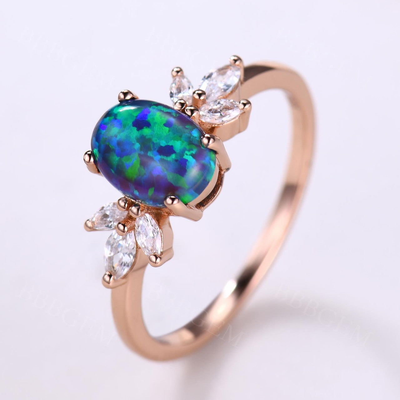 14K/18K Vintage Black Opal Engagement Ring Moissanite Art Deco Band Promise Jewelry