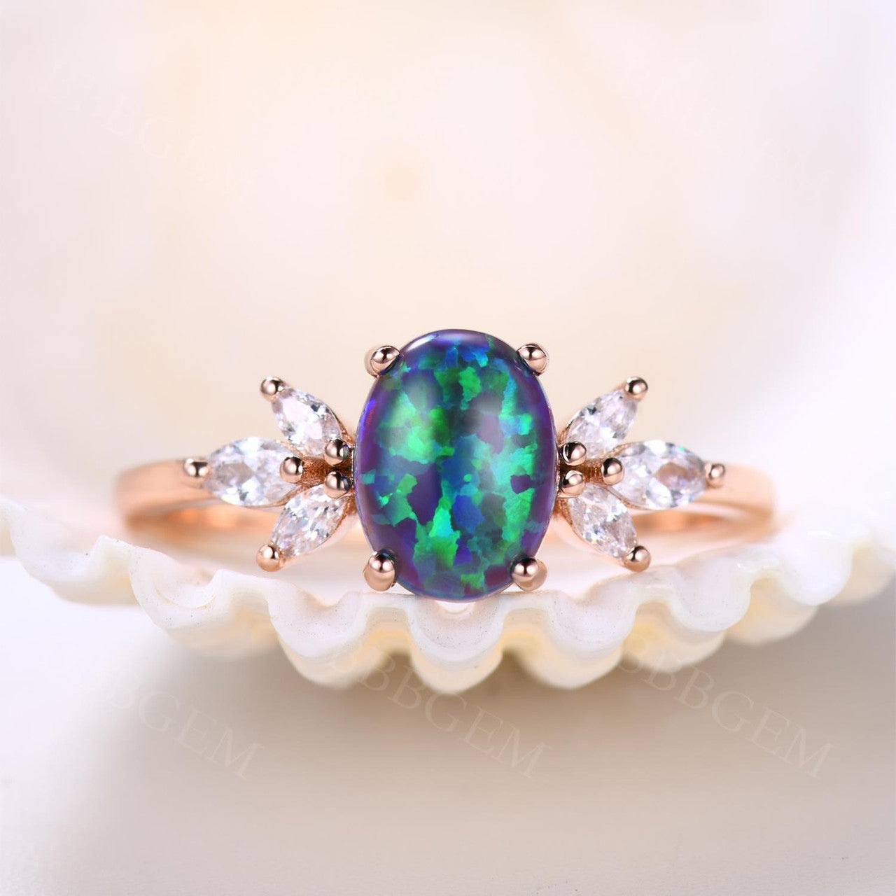 14K/18K Vintage Black Opal Engagement Ring Moissanite Art Deco Band Promise Jewelry