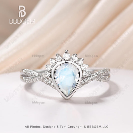14K/18K Vintage Pear Shaped Moonstone Engagement Ring Twisted Band Engagement Ring