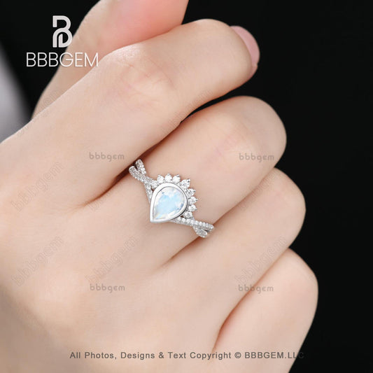 14K/18K Vintage Pear Shaped Moonstone Engagement Ring Twisted Band Engagement Ring