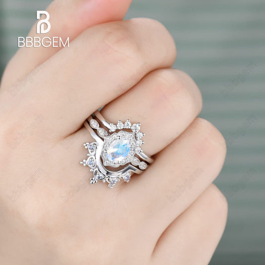 14K/18K Rose Gold Rainbow Milgrain Moonstone Diamond Unique 3 Piece Bridal Set