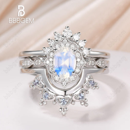 14K/18K Rose Gold Rainbow Milgrain Moonstone Diamond Unique 3 Piece Bridal Set