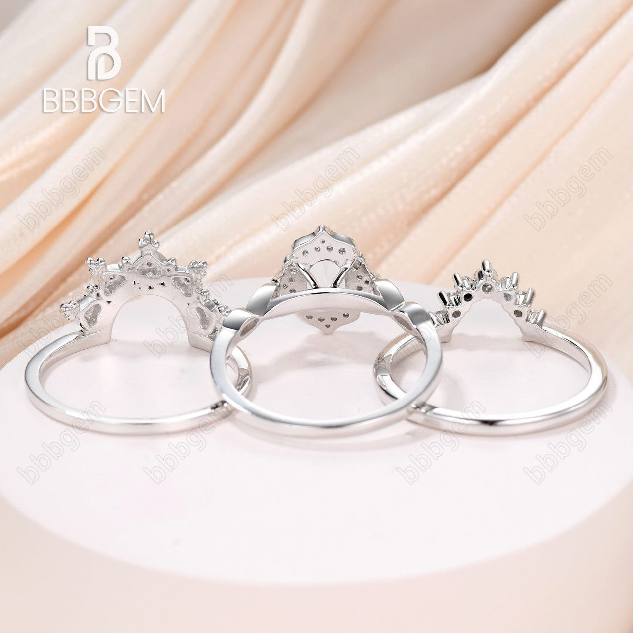 14K/18K Rose Gold Rainbow Milgrain Moonstone Diamond Unique 3 Piece Bridal Set