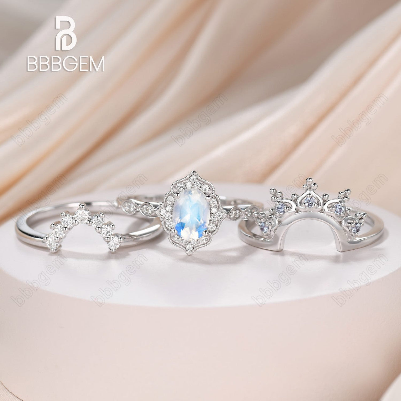 14K/18K Rose Gold Rainbow Milgrain Moonstone Diamond Unique 3 Piece Bridal Set