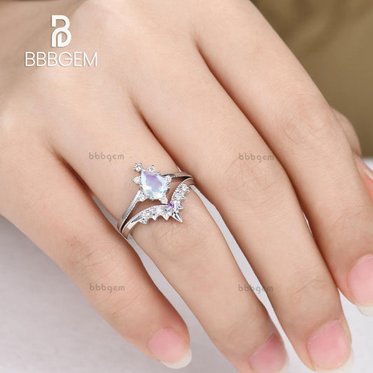 14K/18K Rose Gold Rainbow Moonstone Art Deco Bridal Set Diamond And Amethyst