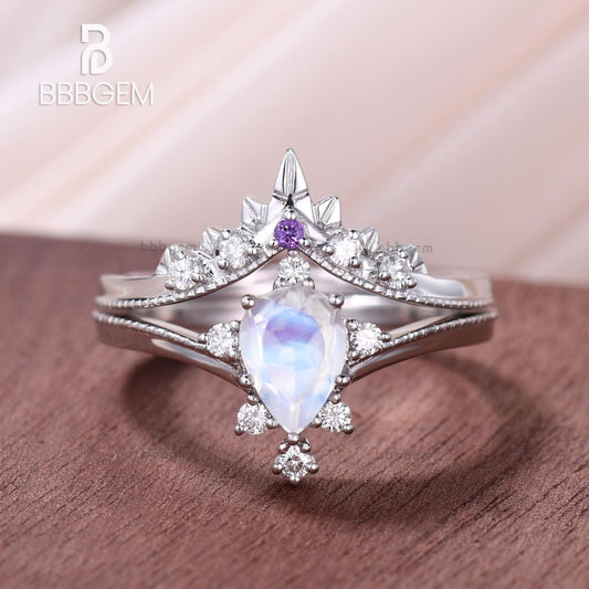 14K/18K Rose Gold Rainbow Moonstone Art Deco Bridal Set Diamond And Amethyst