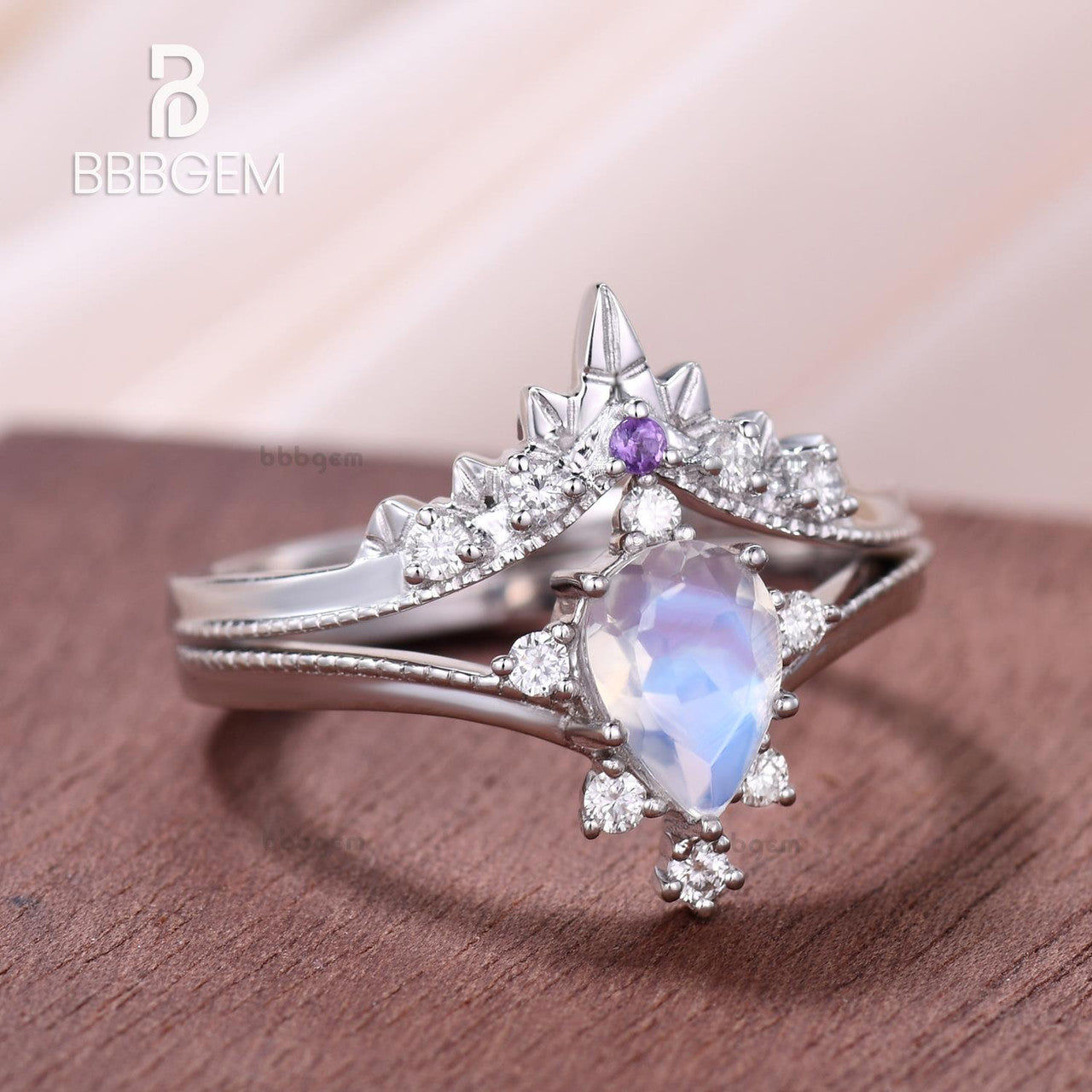 14K/18K Rose Gold Rainbow Moonstone Art Deco Bridal Set Diamond And Amethyst