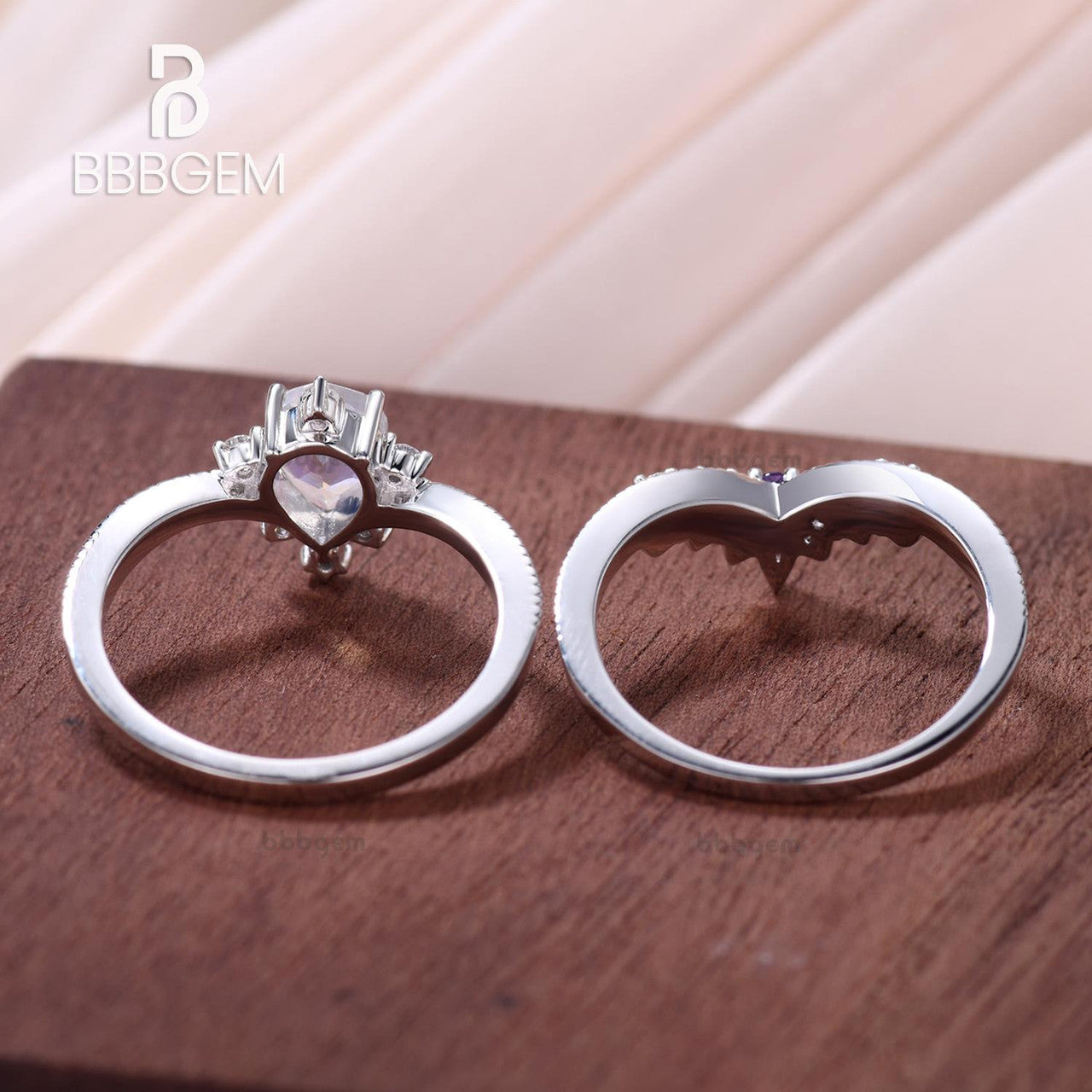 14K/18K Rose Gold Rainbow Moonstone Art Deco Bridal Set Diamond And Amethyst