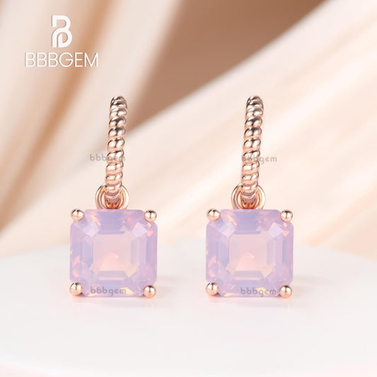 14K Rose Gold 8mm Ascher Lavender Amethyst Prong Drop Huggie Earrings with Rope Hoop