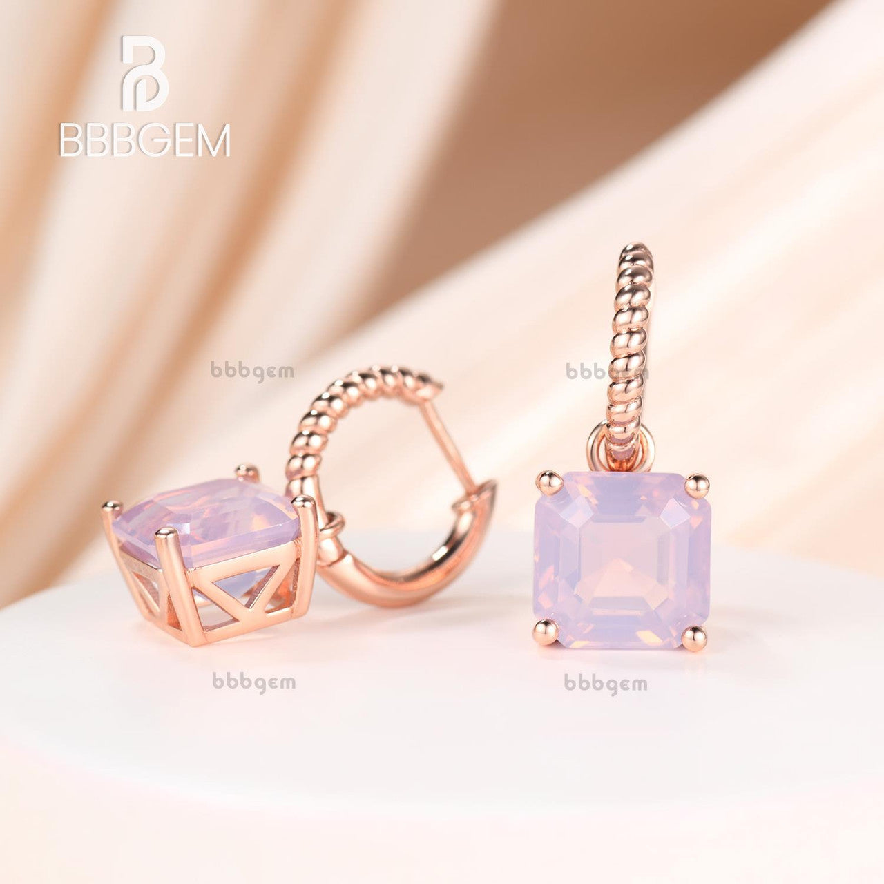 14K Rose Gold 8mm Ascher Lavender Amethyst Prong Drop Huggie Earrings with Rope Hoop