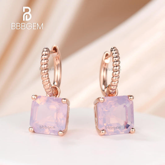 14K Rose Gold 8mm Ascher Lavender Amethyst Prong Drop Huggie Earrings with Rope Hoop
