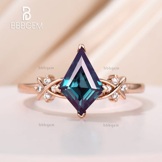 14K Rose Gold Kite Cut Alexandrite Engagement Ring Set Cluster Crossover Diamond Alexandrite Kite Ring