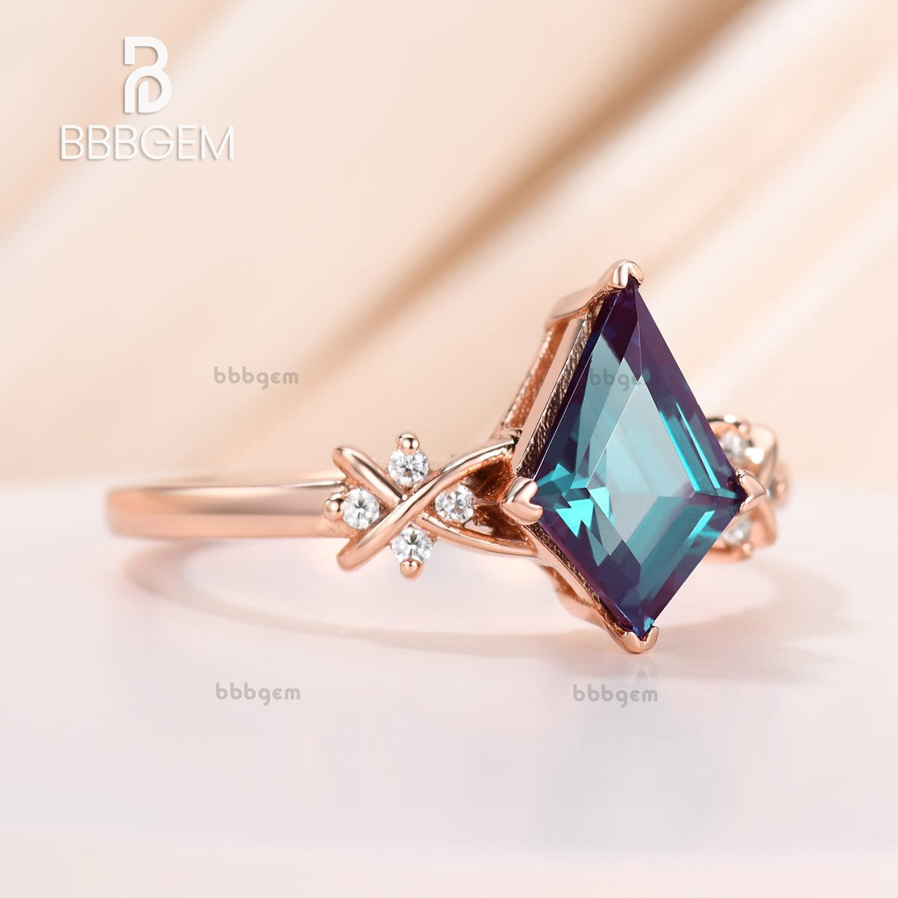 14K Rose Gold Kite Cut Alexandrite Engagement Ring Set Cluster Crossover Diamond Alexandrite Kite Ring