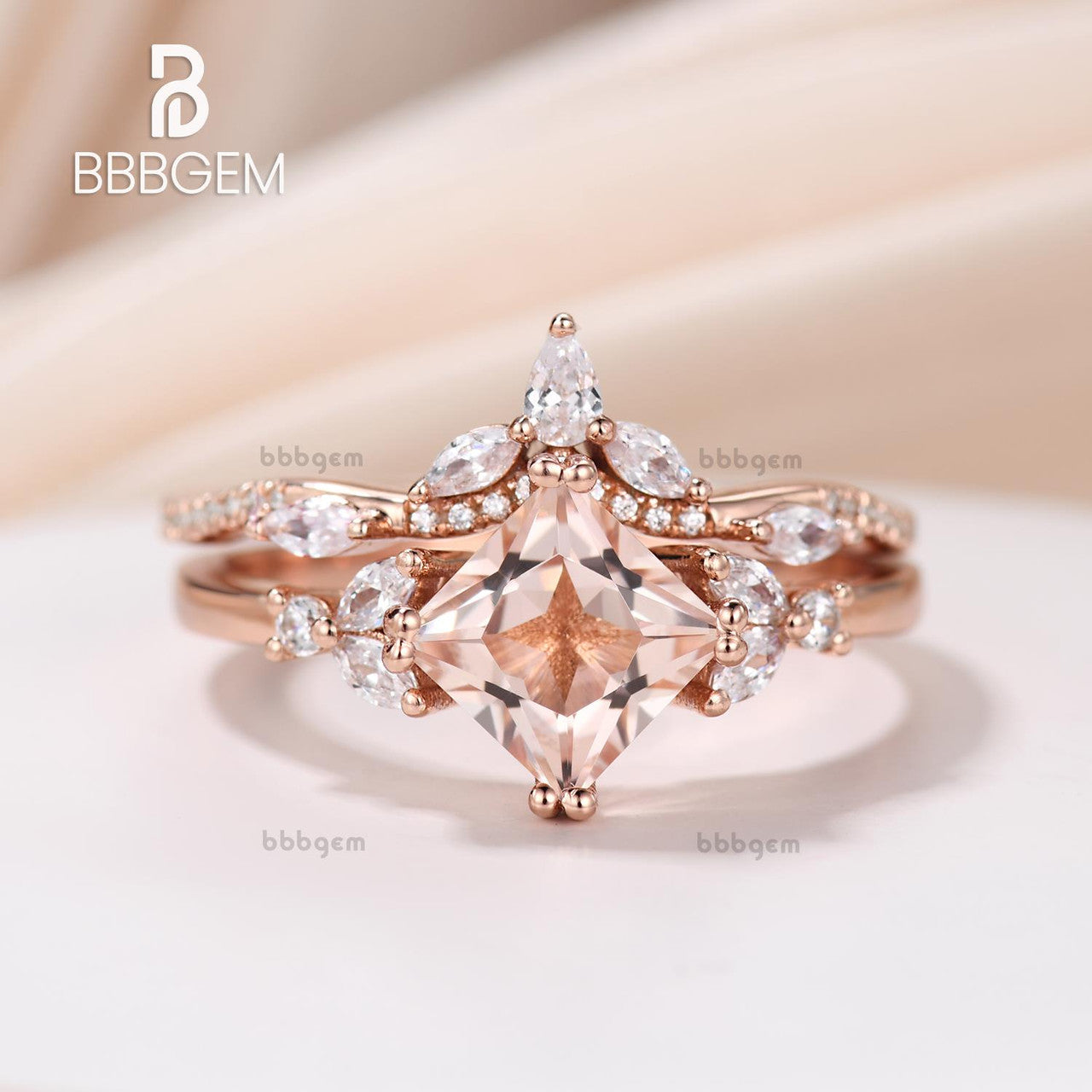 14K Rose Gold Princess Cut Peach Morganite Leaf Marquise Sidestones Engagement Ring Set