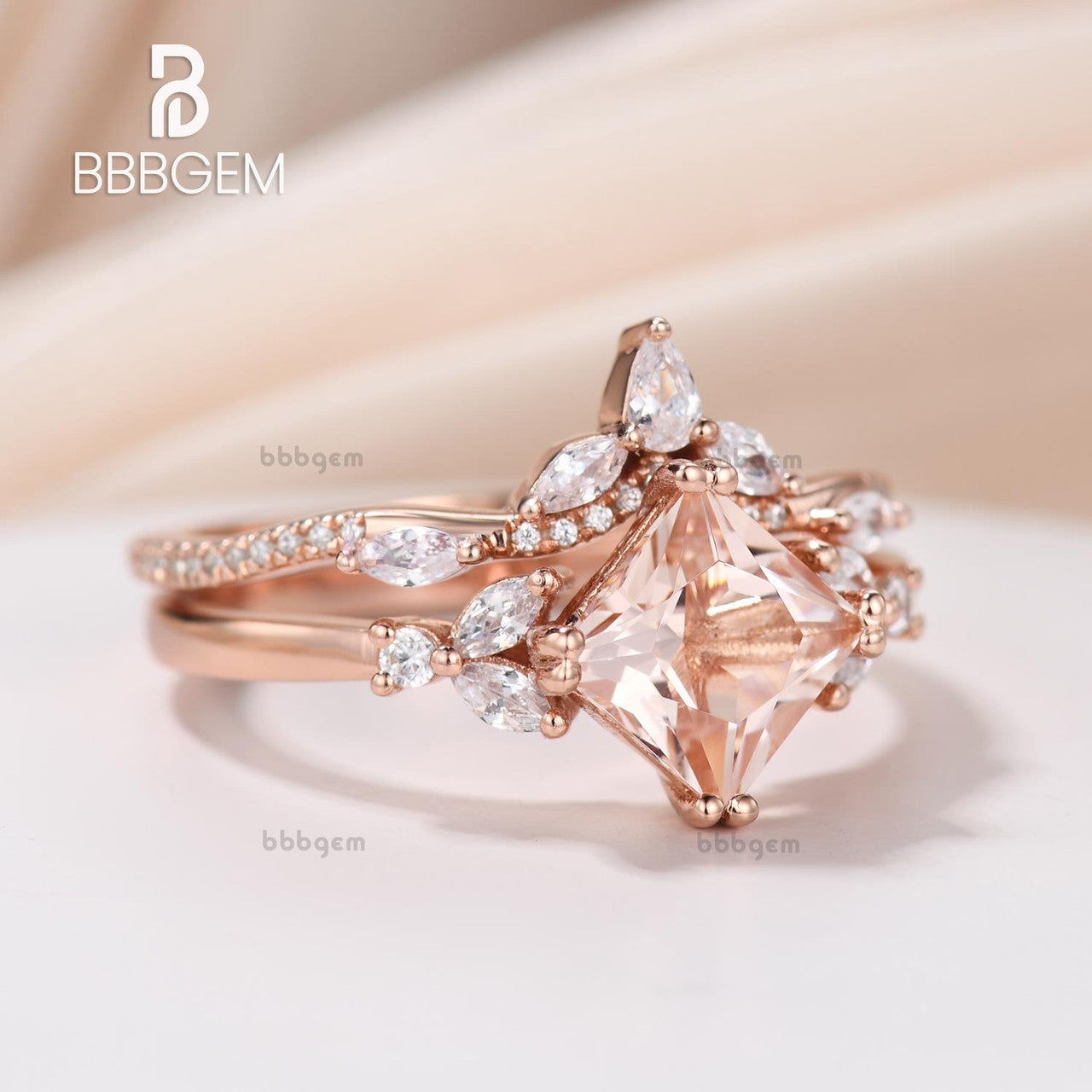 14K Rose Gold Princess Cut Peach Morganite Leaf Marquise Sidestones Engagement Ring Set