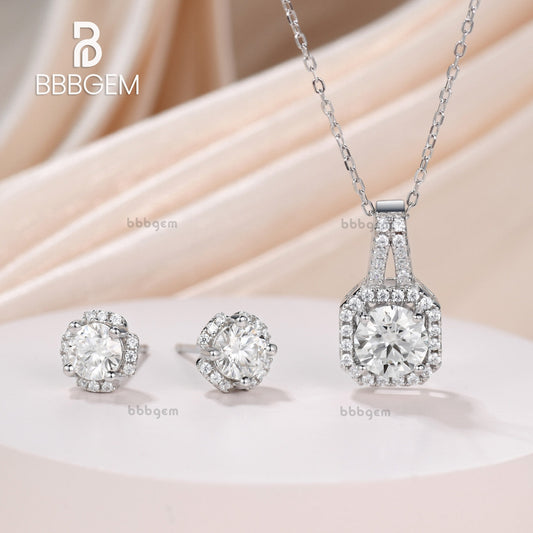 14K White Gold Pave Halo Solitaire Asscher Shape Round Cut Moissanite Dangling Drop Pendant Necklace Women's Gift