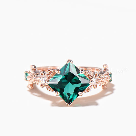 2CT Princess Cut Emerald Butterfly Wedding Ring Diamond Nature Inspired Ring