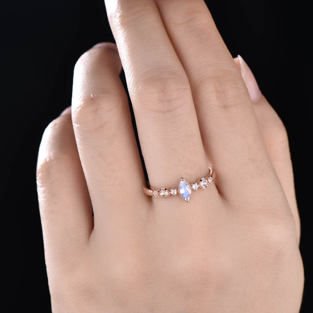 14K/18K Rose Gold Rainbow Moonstone Engagement Ring Marquise Cut