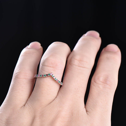 14K /18K Custom Pink Tourmaline And Emerald White Gold Curved Wedding band