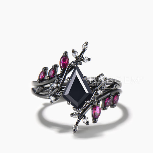 Kite Cut Natural Black Onyx Engagement Ring Ruby Twig Leaf Black Gold Ring Set