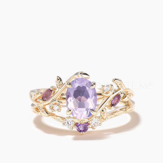 1.5CT Oval Cut Natural Lavender Amethyst Leaf Wedding Ring Moissanite Ring Set