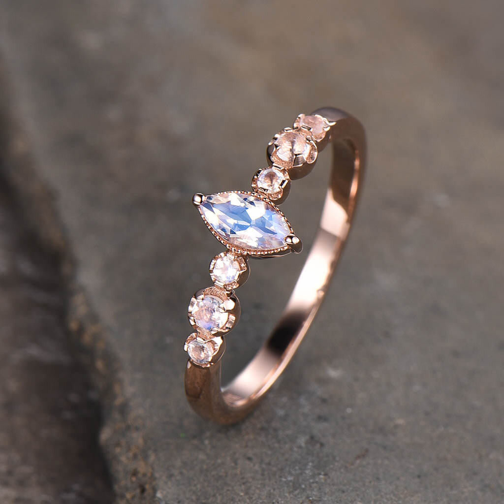 14K/18K Rose Gold Rainbow Moonstone Engagement Ring Marquise Cut
