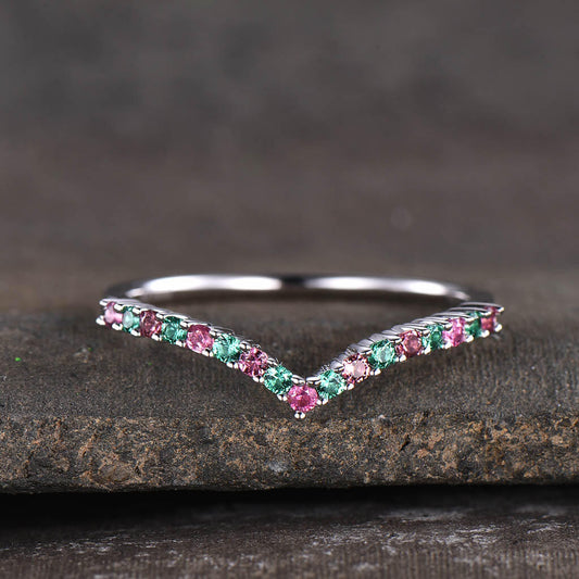 14K /18K Custom Pink Tourmaline And Emerald White Gold Curved Wedding band