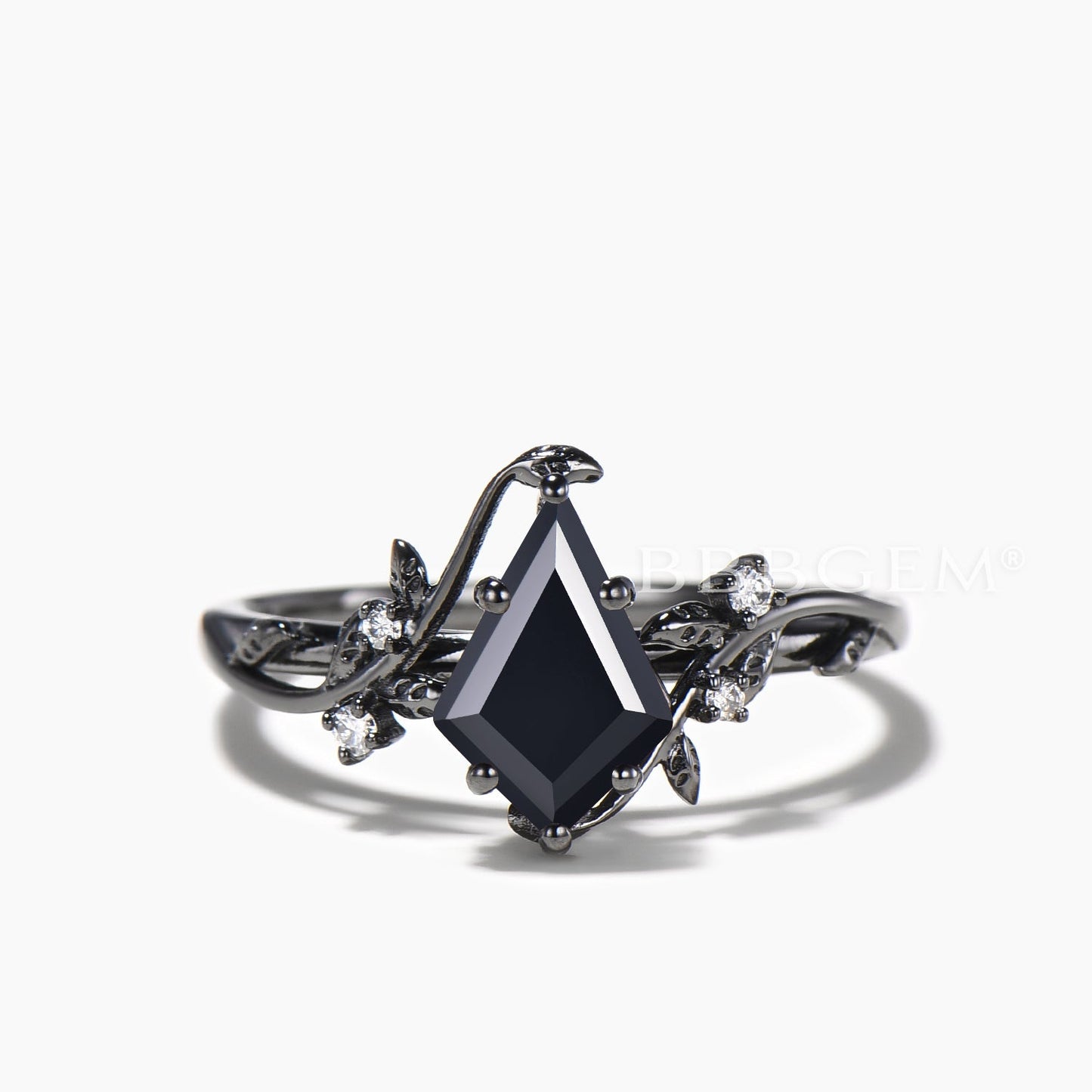 Kite Cut Natural Black Onyx Engagement Ring Ruby Twig Leaf Black Gold Ring Set