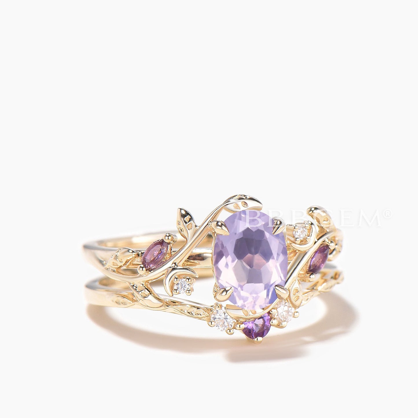 1.5CT Oval Cut Natural Lavender Amethyst Leaf Wedding Ring Moissanite Ring Set