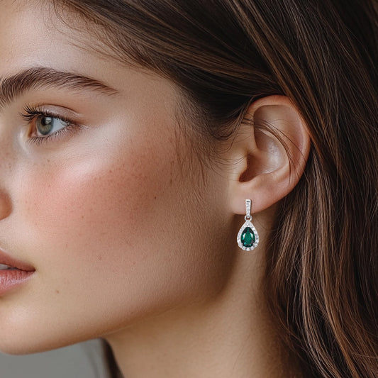 1.25CT Teardrop Cut Emerald Drop Earrings Diamond Halo White Gold Earrings