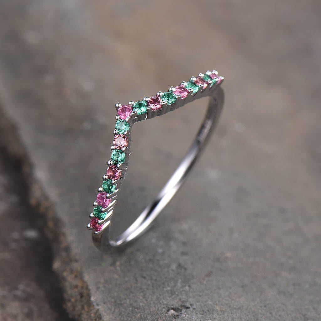 14K /18K Custom Pink Tourmaline And Emerald White Gold Curved Wedding band
