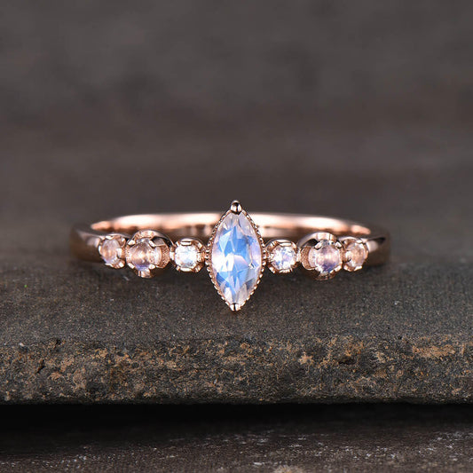 14K/18K Rose Gold Rainbow Moonstone Engagement Ring Marquise Cut