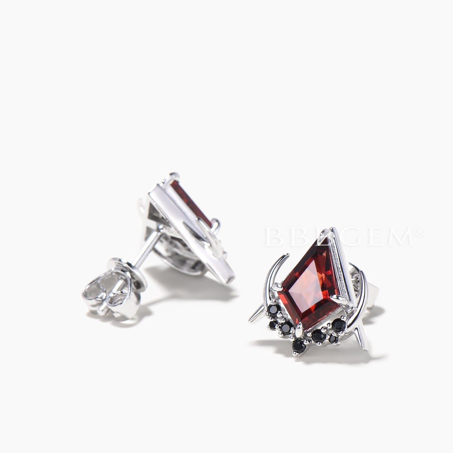 Kite Cut Natural Garnet Stud Earrings Black Spinel Celestial Wedding Earrings