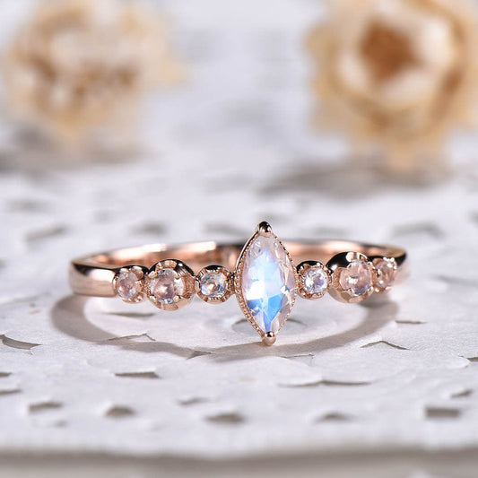 14K/18K Rose Gold Rainbow Moonstone Engagement Ring Marquise Cut