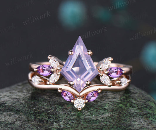 Kite Cut Lavender Amethyst Ring Set Vintage Opal Moissanite Cluster Engagement Ring Curved Matching Band Bridal Set Gifts