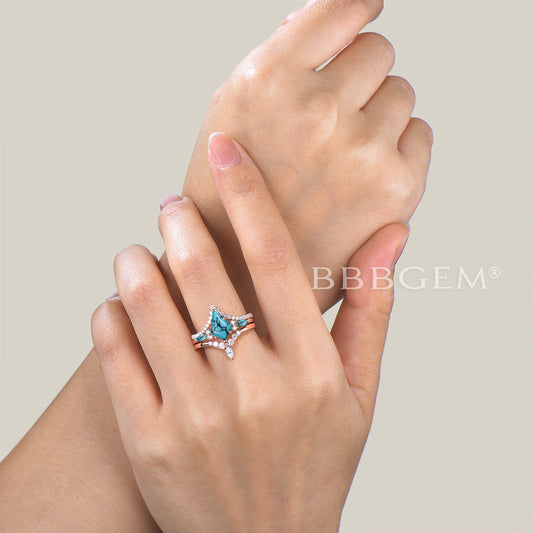 3PC Ring Set 1CT Kite Cut Turquoise Engagement Ring Diamond Curved Band