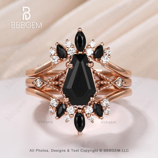 14k Gold Coffin Engagement Ring Set With Black Onyx Aug Birthstone and Diamond Stacking Enhancer Band