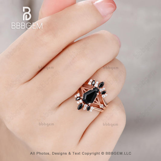 14k Gold Coffin Engagement Ring Set With Black Onyx Aug Birthstone and Diamond Stacking Enhancer Band