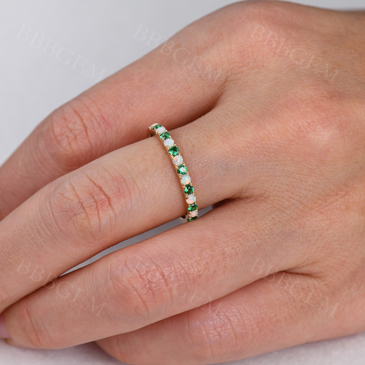 14k Rose Gold Opal & Emerald Ring Emerald Half Eternity Band Dainty Opal Ring