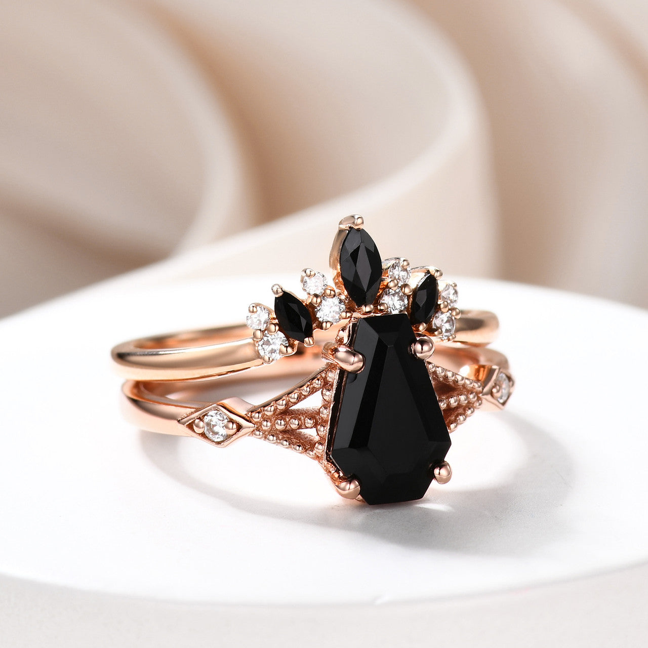 14k Gold Coffin Black Onyx Engagement Ring Set Milgrain Diamond Ring
