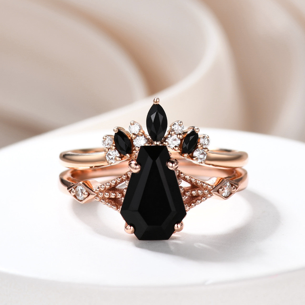 14k Gold Coffin Engagement Ring Set With Black Onyx Aug Birthstone and Diamond Stacking Enhancer Band