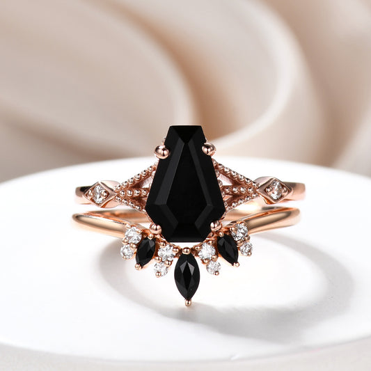 14k Gold Coffin Black Onyx Engagement Ring Set Milgrain Diamond Ring