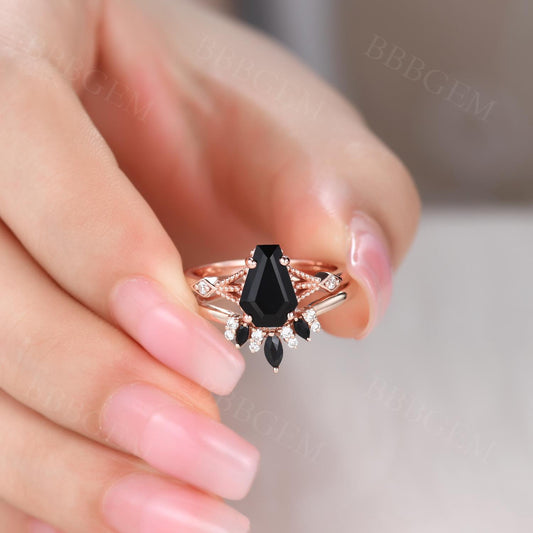 14k Gold Coffin Black Onyx Engagement Ring Set Milgrain Diamond Ring