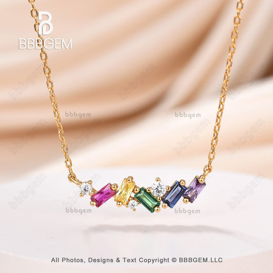 14k Yellow Gold Baguette Cut Rainbow Sapphire Citrine Amethyst Colorful Pendant Necklace Scatter Bar Fashion Necklace