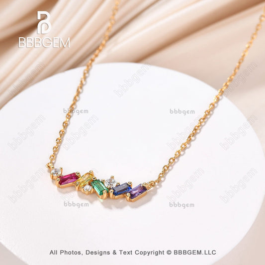 14k Yellow Gold Baguette Cut Rainbow Sapphire Citrine Amethyst Colorful Pendant Necklace Scatter Bar Fashion Necklace